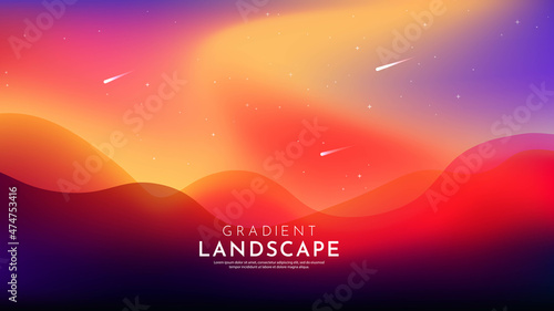 Vector illustration. Blurred minimalist wavy panoramic background. Bright gradient color. Futuristic style. Design for website, web page template, banner with text. Aurora borealis. Colorful night sky