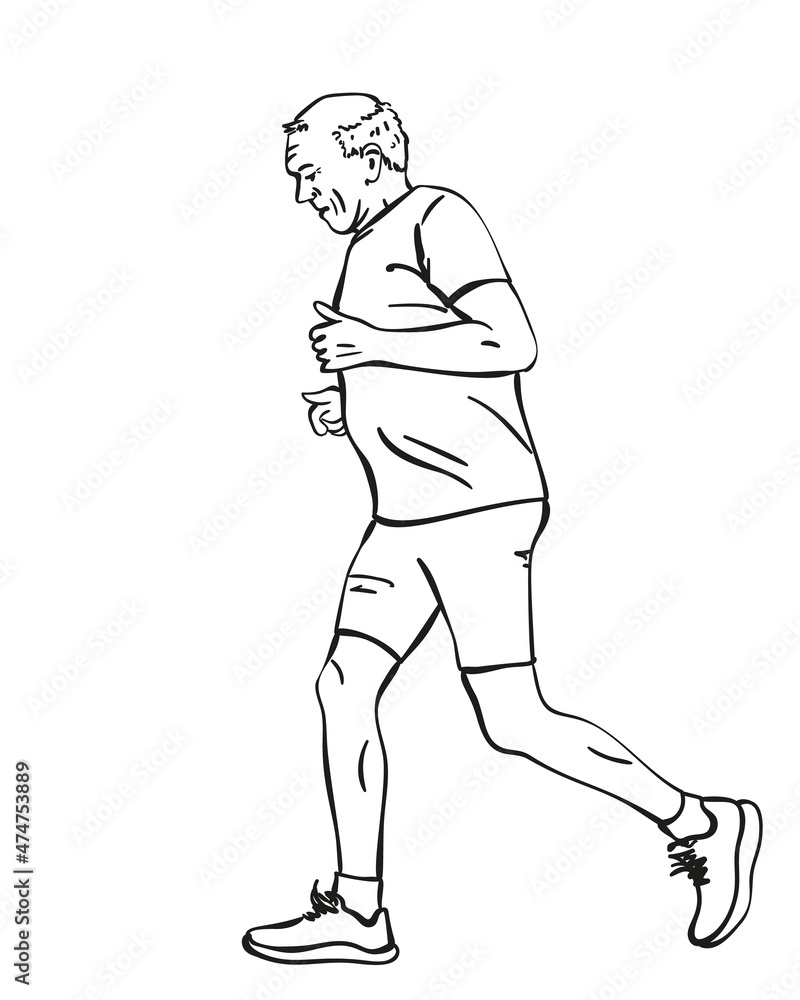 Sketch of running senior man, Hand drawn vector linear illustration Sketch of running senior man, Hand drawn vector linear illustration
