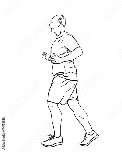 Sketch of running senior man, Hand drawn vector linear illustration