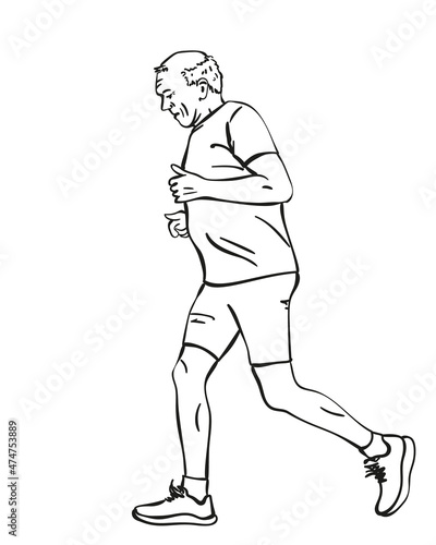 Sketch of running senior man  Hand drawn vector linear illustration