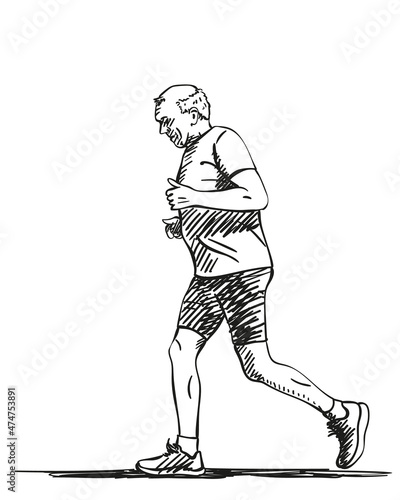 Fototapeta Naklejka Na Ścianę i Meble -  Sketch of running senior man, Hand drawn vector illustration