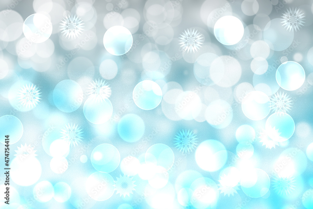 Abstract festive gradient light gray silver turquoise bokeh background texture with white bokeh lights and stars. Beautiful backdrop with space for christmas, invitation or other holidays.