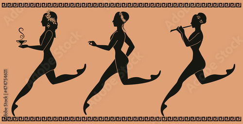 Representative figures of classical Greek ceramics. Three girls running and dancing, playing music and carrying a pot