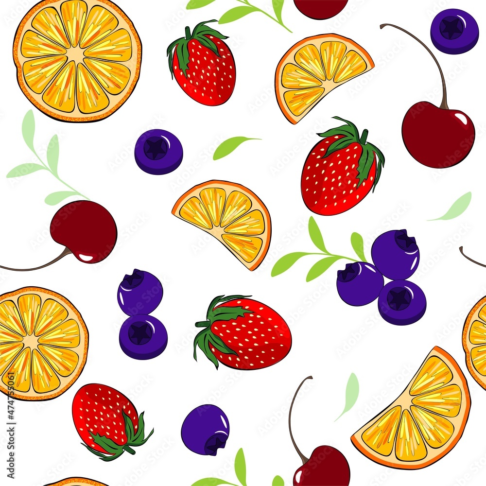 Berries and fruits on a seamless background in vector. Pattern with strawberries, cherries, blueberries and orange slices Berries and fruits on a seamless background in vector. Pattern with strawberries, cherries, blueberries and orange slices