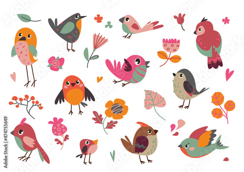 Set of birds in cute minimalistic scandinavian style. Multi-colored feathered characters. Vector illustration, isolate. Collection of chicks and plants. Jay, sparrow, swallow and others.