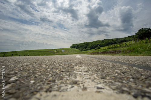 street seen from frog perspective with cloudy sky and green surounding