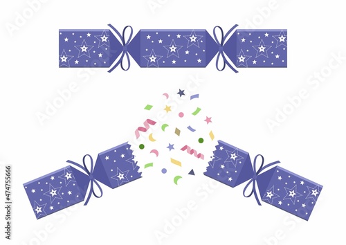 Christmas cracker isolated on white background. Pulled very peri cracker with stars 