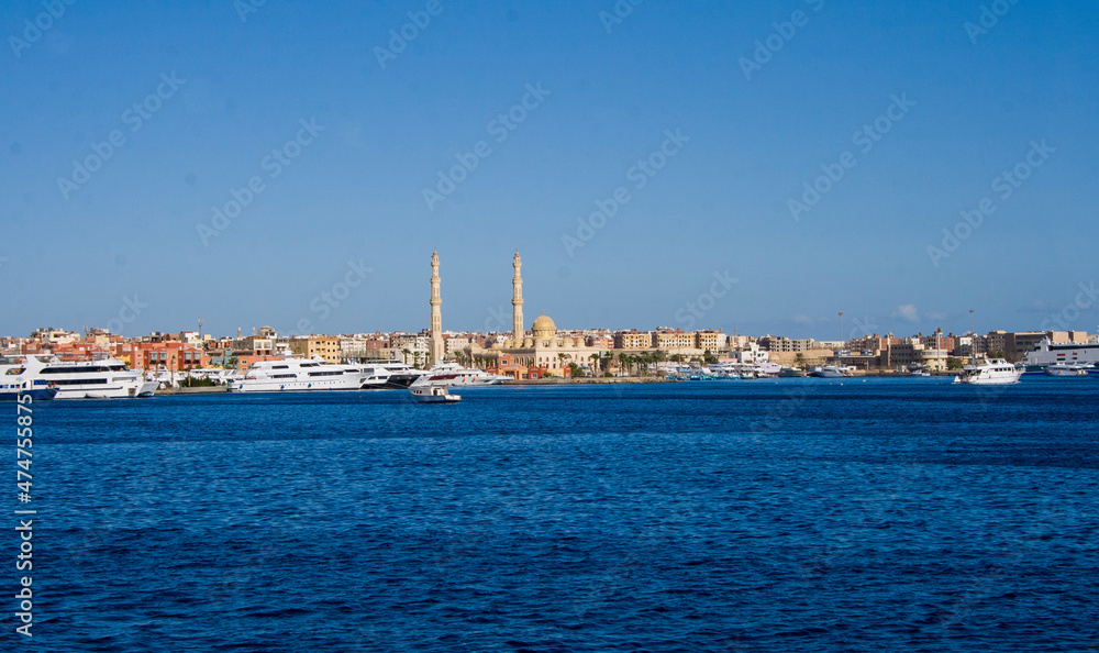 Seaport and yacht anchorage in Hurghada on the Red Sea.