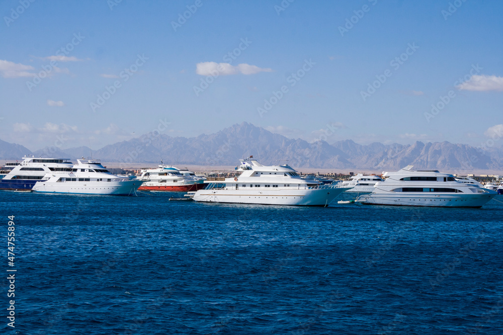 Seaport and yacht anchorage in Hurghada on the Red Sea.