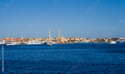 Seaport and yacht anchorage in Hurghada on the Red Sea.
