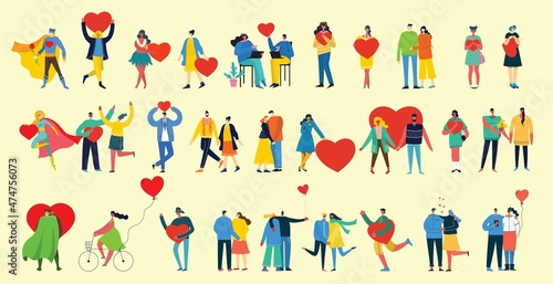 Share your Love. Hands and people with hearts as love massages. Vector illustration for Valentine's day in the flat style