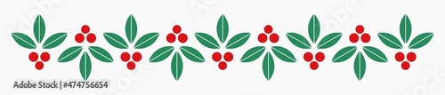 Christmas holly berries flat pattern border. Vector illustration