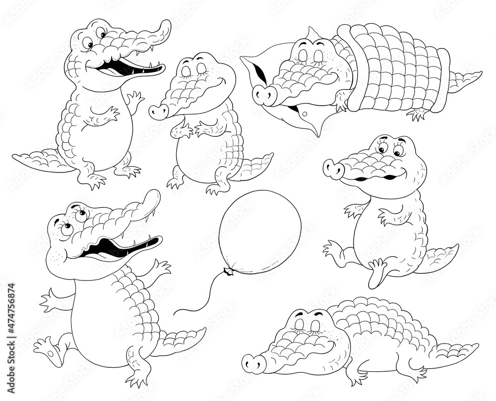 set of cute and funny crocodiles. Coloring page. Poster. Illustration for children. Funny ...