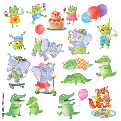 set of cute and funny animals.  Crocodiles  frogs. elephants  cats. Coloring page. Poster. Illustration for children. Funny cartoon characters isolated on white background. Clip art.
