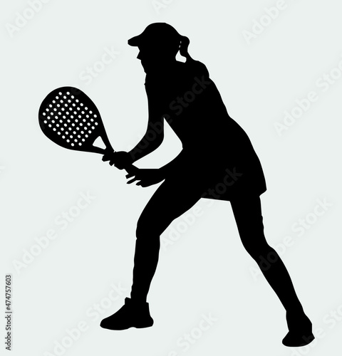 Female Tennis padel Player Icon Illustration. Paddle Sport Vector Graphic Symbol Clip Art. Sketch Black Sign young Female is padel tennis player jump to the ball good looking for posts
