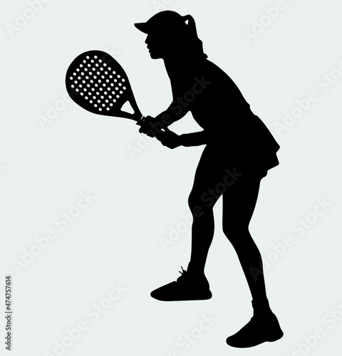 Female Tennis padel Player Icon Illustration. Paddle Sport Vector Graphic Symbol Clip Art. Sketch Black Sign young Female is padel tennis player jump to the ball good looking for posts
