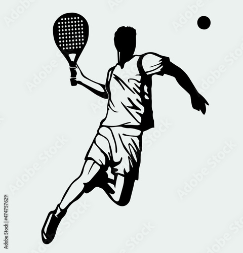 Male Tennis padel Player Icon Illustration. Paddle Sport Vector Graphic Symbol Clip Art. Sketch Black Sign young Female is padel tennis player jump to the ball good looking for posts
