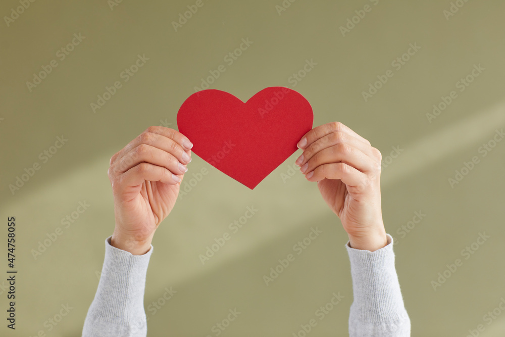 Close up of young woman's hands holding red paper heart as sign of blog likes, sympathy or approval symbol. Woman holding heart on green background. Concept of social networking, love or charity. Close up of young woman's hands holding red paper heart as sign of blog likes, sympathy or approval symbol. Woman holding heart on green background. Concept of social networking, love or charity.