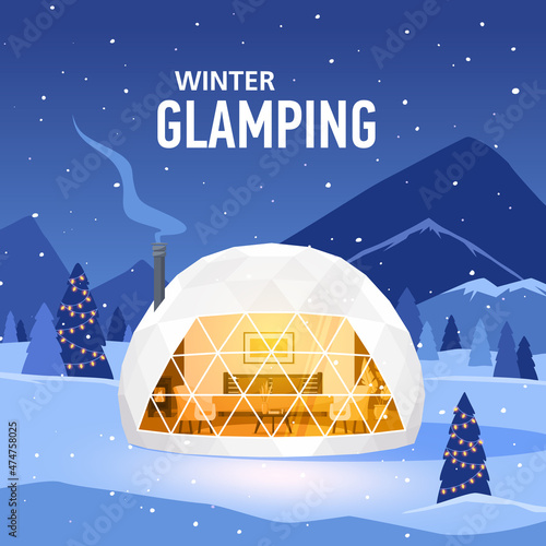 Winter Glamping or Glamor camping. Modern comfortable tent with forest and mountains on background. Recreation in wild nature with facilities. Flat style concept banner, vacation and travel concept