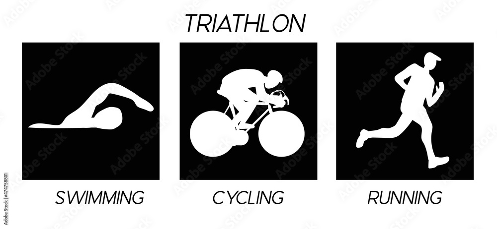 Triathlon. Silhouettes of athletes. Competition in swimming, cycling and running. Vector flat illustration