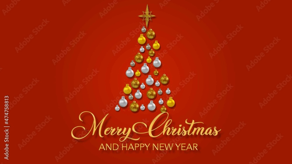Christmas tree in new year decorations and the inscription in golden titles Christmas tree in new year decorations and the inscription in golden titles
