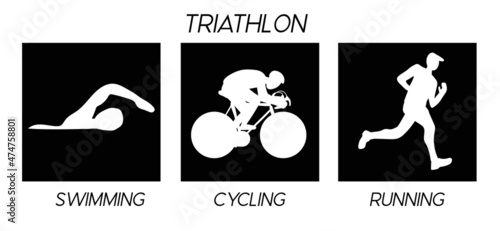 Triathlon. Silhouettes of athletes. Competition in swimming, cycling and running. Vector flat illustration