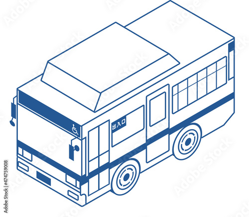 線画　都市型バス　路線バス　働く車　働く自動車のアイソメトリックス　デフォルメイラスト