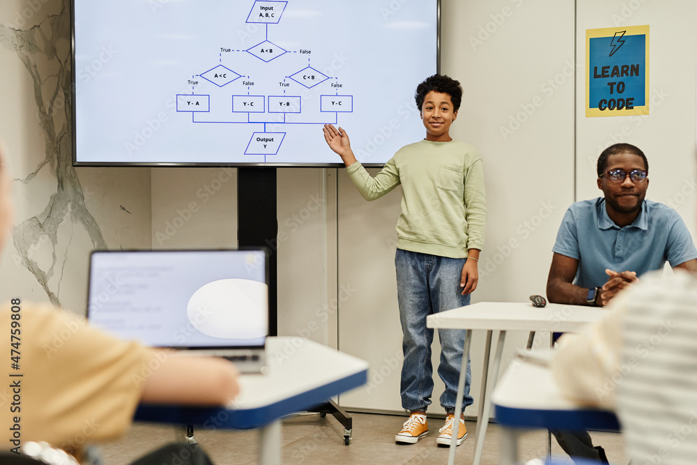 Full length portrait of smiling teenage boy giving presentation in coding class for children, copy space Full length portrait of smiling teenage boy giving presentation in coding class for children, copy space