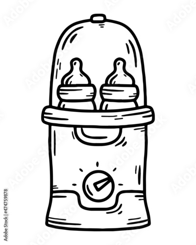Baby bottle sterilizer and warmer for women's milk during lactation and breastfeeding, vector sketch doodle icon. Maternity and special devices