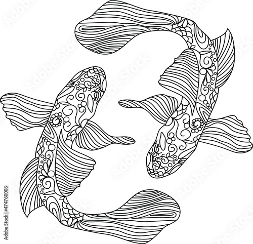 koi carp vector illustration Mandala style, colouring page. Hand drawn outline Koi fish and Japanese tattoo. japanese carp koi gold fish black and white vector illustration. Two koi carps icon