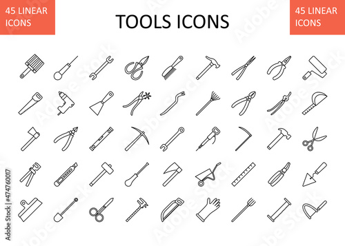 Vector icons with tools - paint brush; saw; axe; hole puncher; putty knife; awl; drill; wire cutters; stationery knife; shovel; wrench; sledgehammer; scissors; pick; screwdriver; etc.