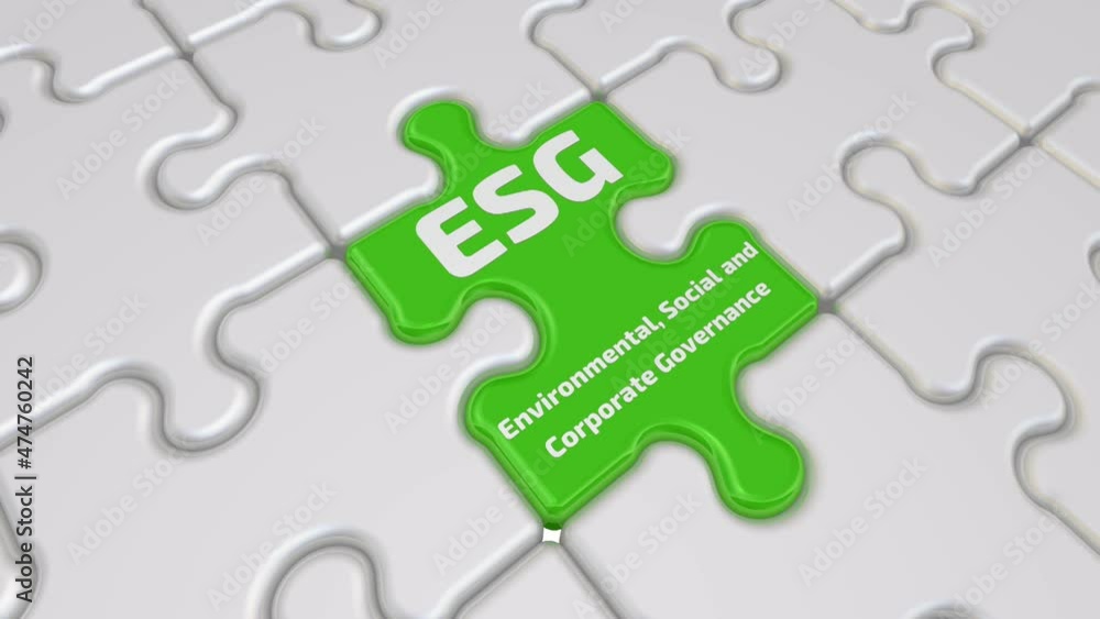 ESG. Environmental, Social and Corporate Governance. Folding white puzzles elements and one green with text ESG. Environmental, Social and Corporate Governance. Footage video ESG. Environmental, Social and Corporate Governance. Folding white puzzles elements and one green with text ESG. Environmental, Social and Corporate Governance. Footage video