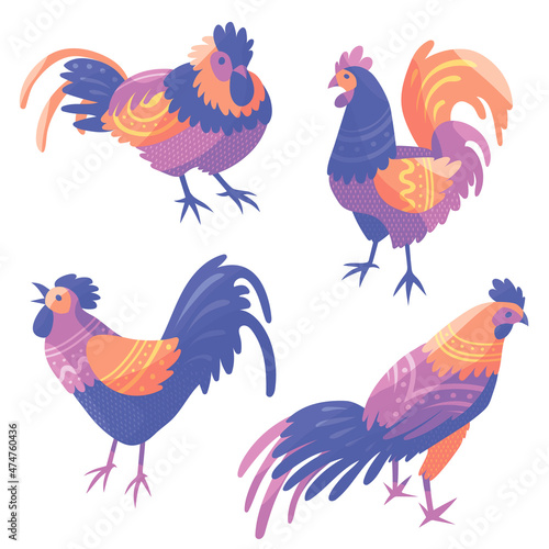 Cartoon farm birds vector  illustration. Hens, roosters, chickens vector set. Flat design print.