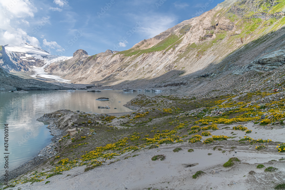 Pasterze Glacier lake with Johannisberg summit and Pasterze glacier, Hohe Tauern National Park, Austria
