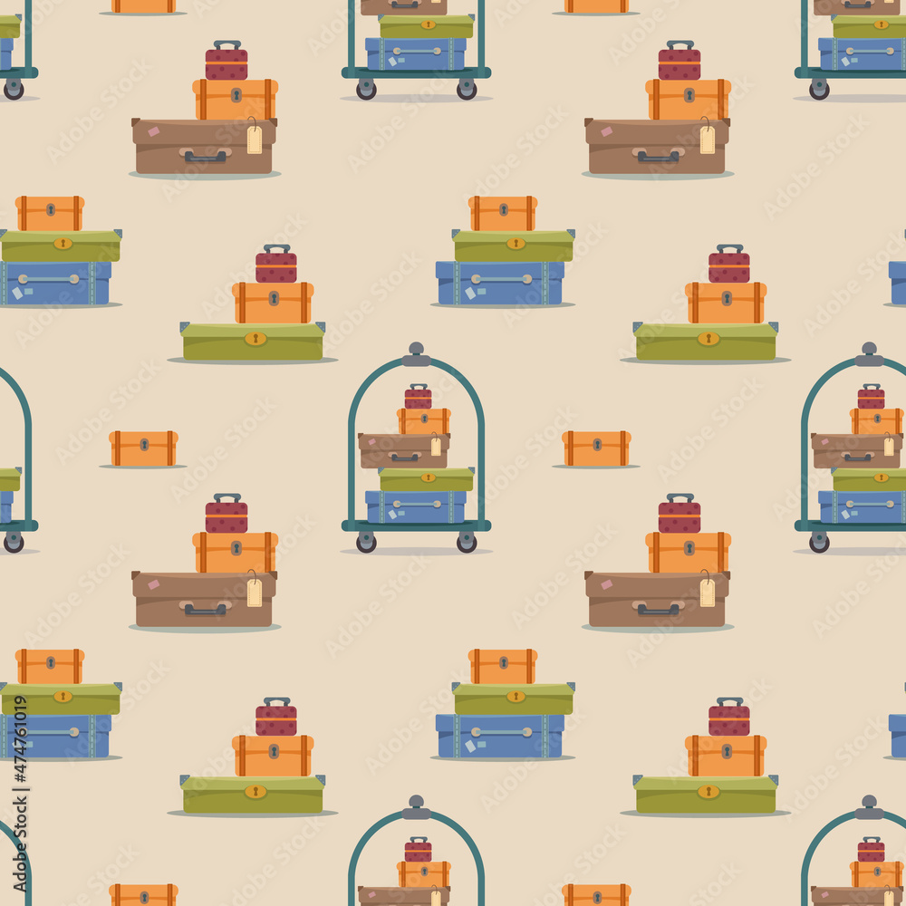 Seamless pattern with suitcases for travel on a beige background. Vector illustration in minimalistic flat style, hand-drawn. Printing for textiles. Travel, Adventure & Vacation Bags. Seamless pattern with suitcases for travel on a beige background. Vector illustration in minimalistic flat style, hand-drawn. Printing for textiles. Travel, Adventure & Vacation Bags.