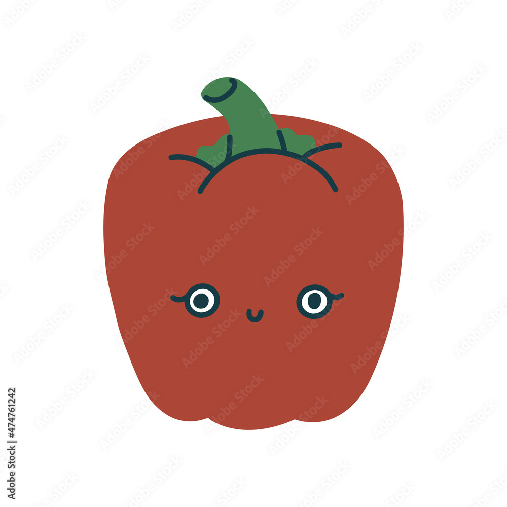 Cute kawaii red pepper. Kind childrens vegetable character with eyes and a smile. Vector isolated flat illustration on white background.