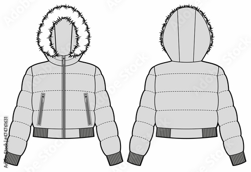Womans crop down jacket with fur on the hood.