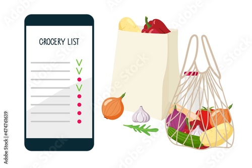 Smartphone grocery list. Abstract smartphone interface. Checklist on screen with Bag and grid with food. Vector flat illustration isolated on white background. Business and technology concept