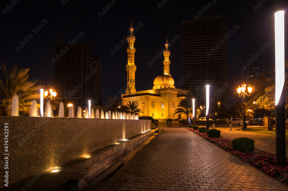 Night view of mosque in Sharjah