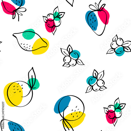 Blue and Red Fruit Vector White Seamless Pattern.