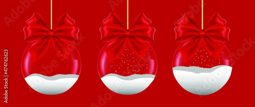 Christmas decorations, glass trinkets, transparent snowballs hanging on a gold ribbon with a red bow on a red background. Realistic 3d design of Christmas decorations elements. EPS 10.
