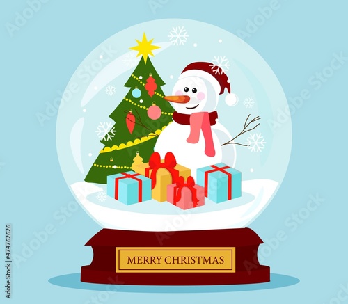 Christmass glass ball. Gift for New Years, winter holidays, family vacations. Graphic elements for website, beautiful present, benevolent snowman with boxes. Cartoon flat vector illustration