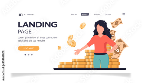 Banker offering loan. Investor or entrepreneur getting income. Woman with heap of cash, sack and wallet. Vector illustration for finance, money, financial success, profit, business concept
