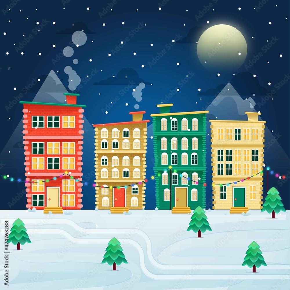 flat christmas town vector design illustration