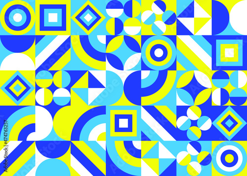 Abstract backdrop with basic geometric shapes. Blue, yellow, white and light blue colors. Vector illustration