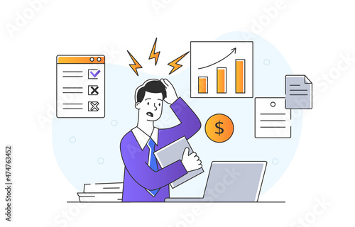 Stressed young man. Metaphor of employee who doesnt make it to deadline. Worker very busy with work. Poorly structured schedule. Investor, businessman, entrepreneur. Cartoon flat vector illustration