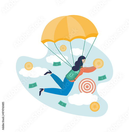 Businessman with golden parachute. Financial cushion metaphor. Girl gets confused  holding on to coin. Financial literacy  family supplies and savings  support. Cartoon flat vector illustration