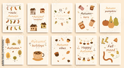 Autumn banner set. Collection of cards with goods. Posters and banners. Season, mushrooms, tea, pumpkins, warm clothes, harvest. Cartoon flat vector illustrations isolated on beige background