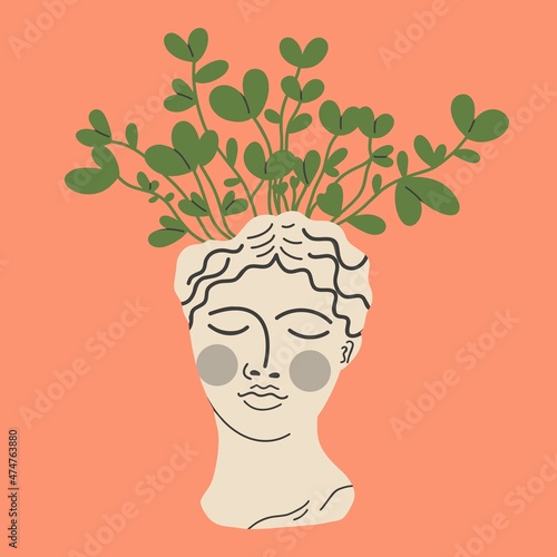 Planters in the Greek style. The head of a goddess with a green plant. Flat design, hand-drawn cartoon.