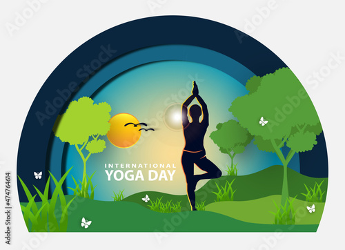 21 june-international yoga day, woman in yoga body posture, human silhouette and sun rays, vector illustration - Vector